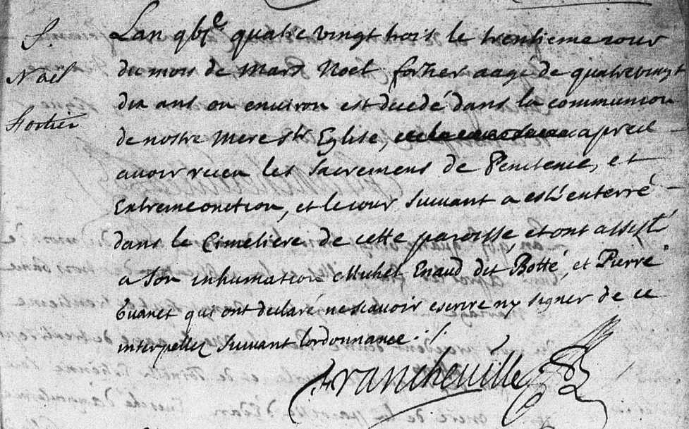 Burial of No&euml;l Fortier, 1683