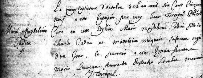 Baptism of Marie Magdeleine Cadieu, 1659